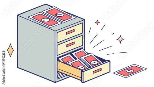 Isometric Illustration of File Cabinet Open and Overflowing with Cash,  Vector illustration of a four-drawer grey metal file cabinet with the bottom drawer open and overflowing with stacks of red 