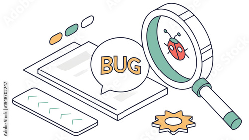 Isometric Illustration for Software Debugging with Magnifying Glass and 'Bug',  Vector illustration of a tablet displaying multiple documents, with a large speech bubble reading 'BUG' and a magnifying