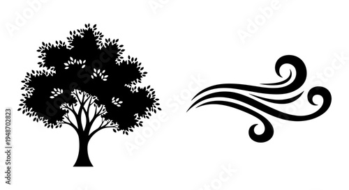 Elegant black and white tree and wind artistic illustration Vector, illustration