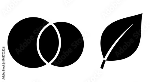 Black and white icons of overlapping circles and a leaf with stem Vector, illustration
