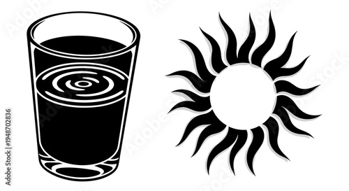 Contrast of a glass of water and a radiant sun symbolizing hydration and energy Vector, illustration