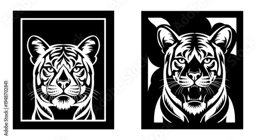 Contrasting woodcut portraits of a majestic tiger in bold black and white Vector, illustration