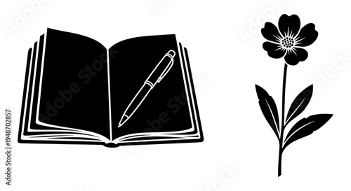 An open book with a pen resting inside alongside a blooming flower illustration Vector, illustration