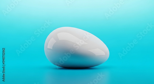 White egg on blue background shiny reflective oval