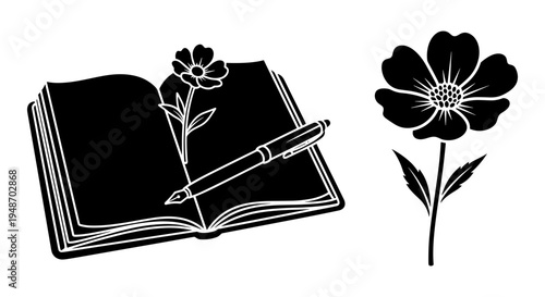 Elegant black and white illustration of an open book with a pen and blooming flowers Vector, illustration