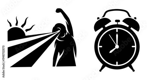 Silhouette of a person chasing the sun next to an alarm clock. Vector, illustration