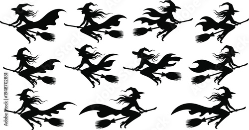 Flying Halloween Witch Silhouette Vector Collection with Broomstick, Hat, and Cape for Spooky Holiday Decorations, Magic Fantasy Illustrations, and Seasonal Graphic Designs