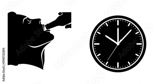 Person brushing teeth next to an analog clock showing a specific time Vector, illustration