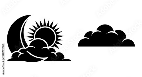 Sunrise and moonrise behind clouds with contrasting weather icons Vector, illustration