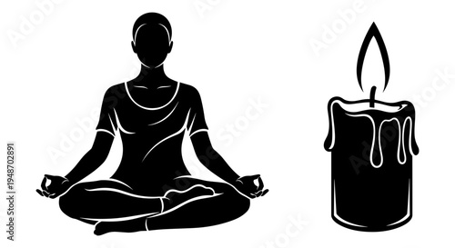 Person meditating with a lit candle beside them for relaxation and mindfulness Vector, illustration