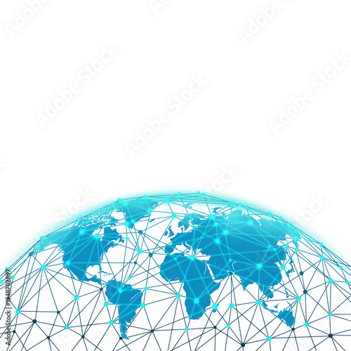 Blue digital world map with glowing network nodes and connecting lines on transparent background, futuristic global connectivity concept for technology, data, telecom, cyber and network visualizations