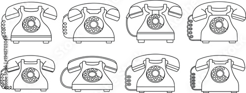 Vintage Rotary Dial Telephone Icon Set with Classic Retro Landline Phones, Old Communication Technology Devices for Nostalgic Office and Telecom Design