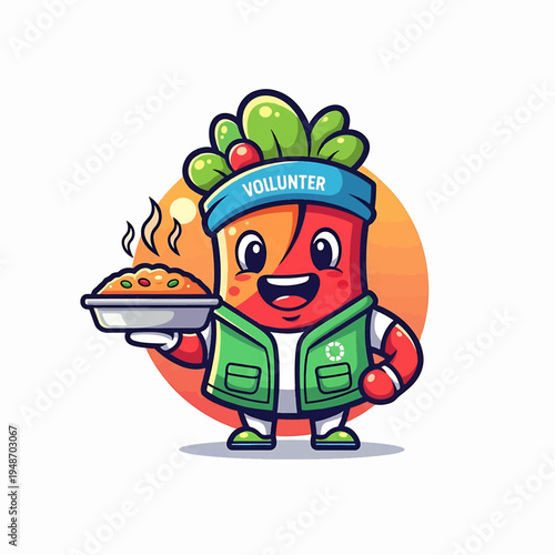 Volunteer character with food tray in jacket and headband