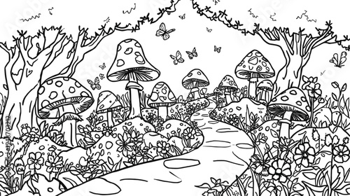 Enchanted Forest Path with Whimsical Mushrooms and Butterflies Line Art