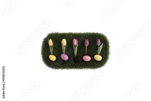Colorful spring tulips and pastel Easter eggs in a green moss patch isolated on transparent background PNG

