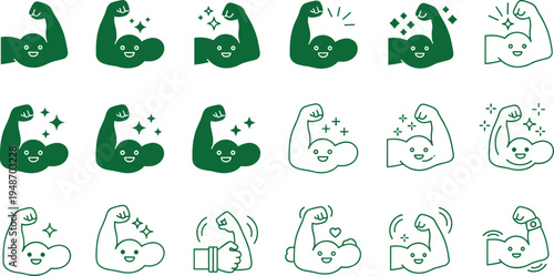 Cute Strong Arm Muscle Cartoon Icon Set with Fitness Strength Symbols, Flexed Biceps Characters, Health, Workout, Gym Power Illustration Collection