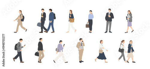 通勤するビジネスパーソンの人物セット　スマートフォン・バッグ・コーヒーを持つ男女