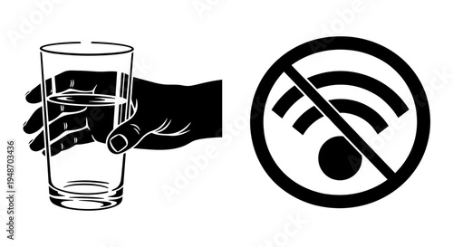 Hand holding drink with no wifi symbol indicating prohibition of electronic devices Vector, illustration