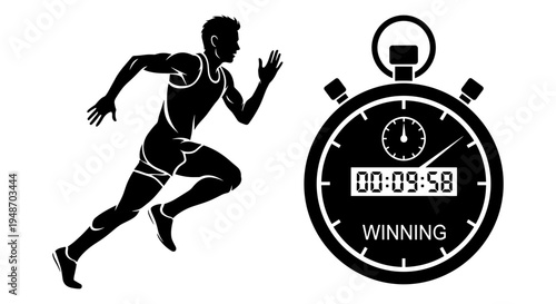 Athlete crossing finish line with winning stopwatch time of 00:09:58 Vector, illustration