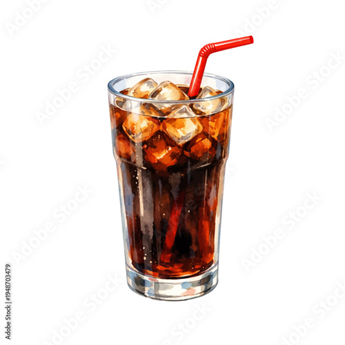 A watercolor vector of a glass of cola with ice and straw for beverage menu designs, soda drink illustrations, and refreshing drink clipart
