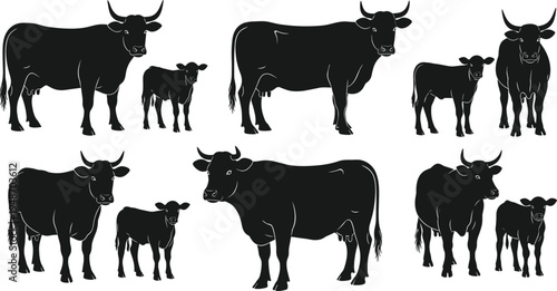 Cow and Calf Silhouette Vector Collection with Farm Cattle Livestock Animals for Dairy Farming, Agriculture Illustration, Ranch Graphics, and Rural Barnyard Design