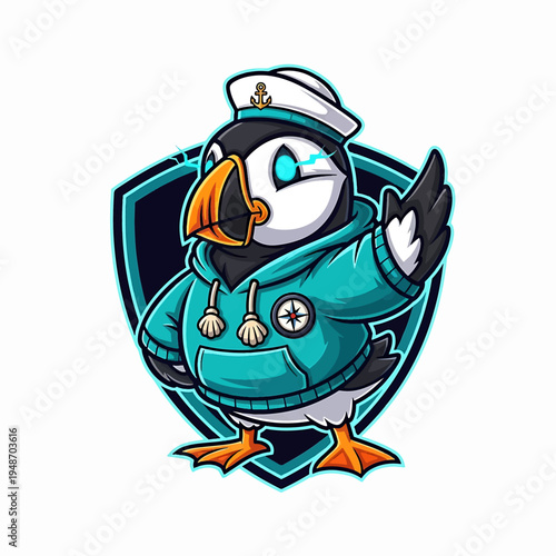Penguin mascot in teal hoodie with captain hat and shield