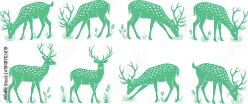 Deer Silhouette Vector Collection with Grazing Stag and Doe in Forest Grass, Woodland Wildlife Animal Set for Nature Illustration, Hunting Design, and Rustic Graphics