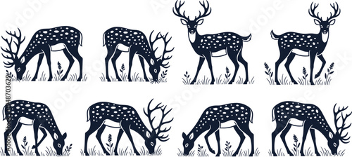 Deer Silhouette Vector Set with Grazing Stag and Doe Wildlife Animals in Forest Grass for Woodland Nature Illustration, Hunting Graphics, Rustic Logos, and Outdoor Designs