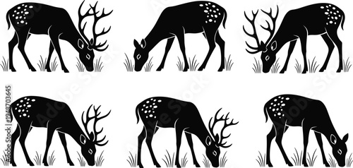 Deer Silhouette Vector Set with Grazing Stag and Doe Wildlife Animals in Nature for Forest, Hunting Design, Woodland Illustration, and Rustic Graphic Elements