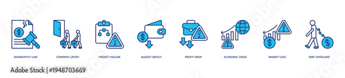 Business Failure Icon Set. Icon set includes Bankruptcy Law, Company Layoff, Project Failure, Budget Deficit, Profit Drop, Economic Crisis, Market Loss, Debt Overload.