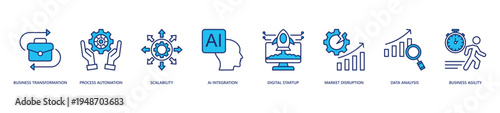 Business Transformation Icon Set. Icon set includes Business Transformation, Process Automation, Scalability, Ai Integration, Digital Startup, Market Disruption, Data Analysis, Business Agility.