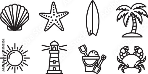 Assorted beach-themed icons including a seashell, starfish, surfboard, palm tree, sun, lighthouse, bucket, and crab. Vector