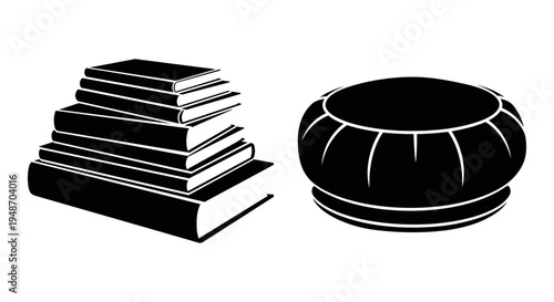 A stack of books contrasted with a stylized hat illustration Vector, illustration
