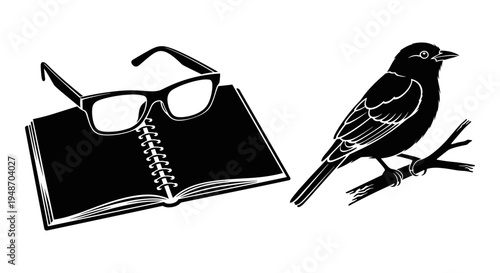 A bird perched on a branch next to an open book with glasses resting on it Vector, illustration