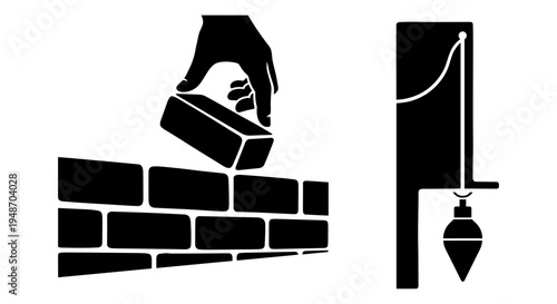 A hand placing a brick and a traditional well with a bucket. Vector, illustration