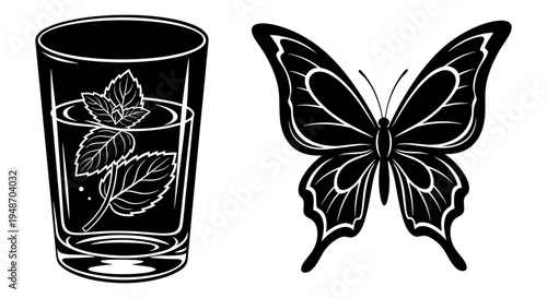 Elegant glass of mint tea and a delicate butterfly illustration Vector, illustration