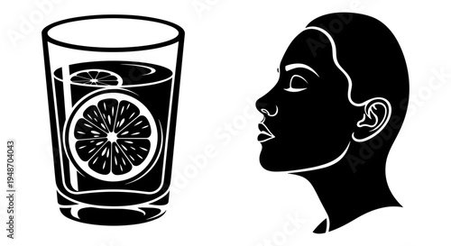 Person drinking lemon-infused water from a glass Vector, illustration