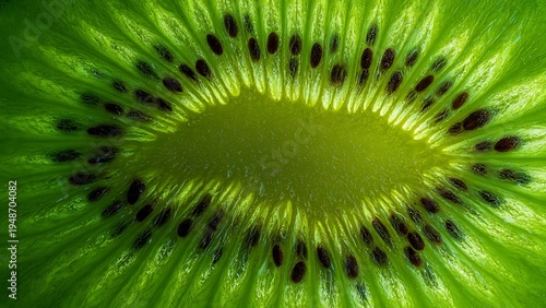 Fresh kiwi fruit interior macro showing radial seed pattern and vibrant green pulp texture ideal for healthy food concept