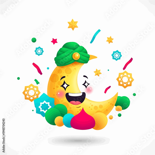 Cheerful Moon Character wearing a green turban with colorful confetti