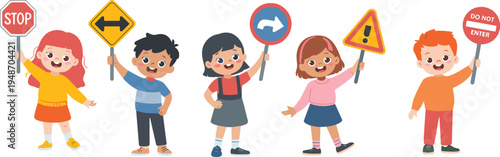 Cartoon children holding road signs illustration, traffic safety vector, educational design art, school learning icon, playful symbol, driving rules graphic