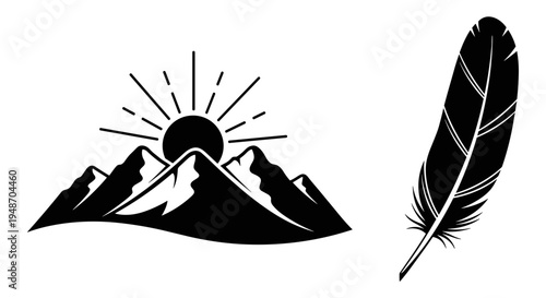 Dawn over mountains with a feather symbolizing freedom or spirituality Vector, illustration