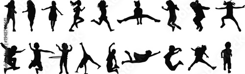 Children silhouette illustration, kids vector, activity clipart, play design, motion motif, youth icon, energy symbol, dynamic graphic, concept art