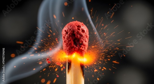 The sudden ignition of a red matchstick erupts in a shower of brilliant sparks and ethereal smoke, serving as a powerful metaphor for the spark of inspiration and the catalyst of change