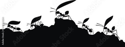 Ants carrying leaves silhouette illustration, teamwork vector design, colony cooperation art, hardworking insect icon, nature symbol, collective effort graphic, wildlife posture