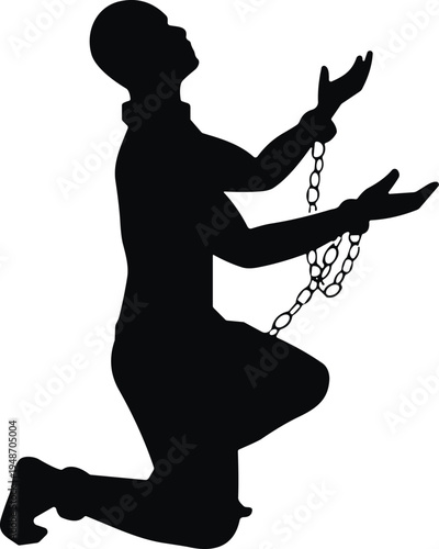 Black, silhouette, of, a, man, kneeling, with, broken, chains, on, hands, isolated, on, white, background, concept, of, freedom, and,
