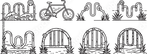 Eight unique and intricately designed garden arches with varying styles and features Vector