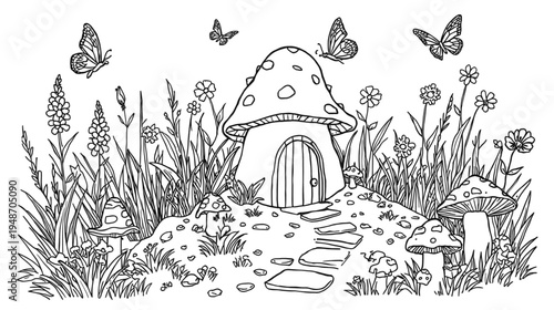 Fantasy Mushroom House Illustration with Butterflies in a Whimsical Forest Garden