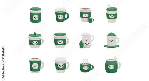 Collection of green and white ceramic coffee mugs with heart designs on a white background.