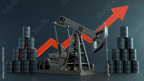 Cuadro en lienzo A 3d rendering of oil pump jack or nodding donkey, oil barrels, and red upward-trending arrow