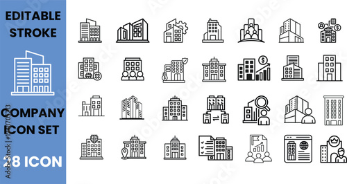 Company building icons set: office, skyscraper, corporate, business structure symbols, real estate
